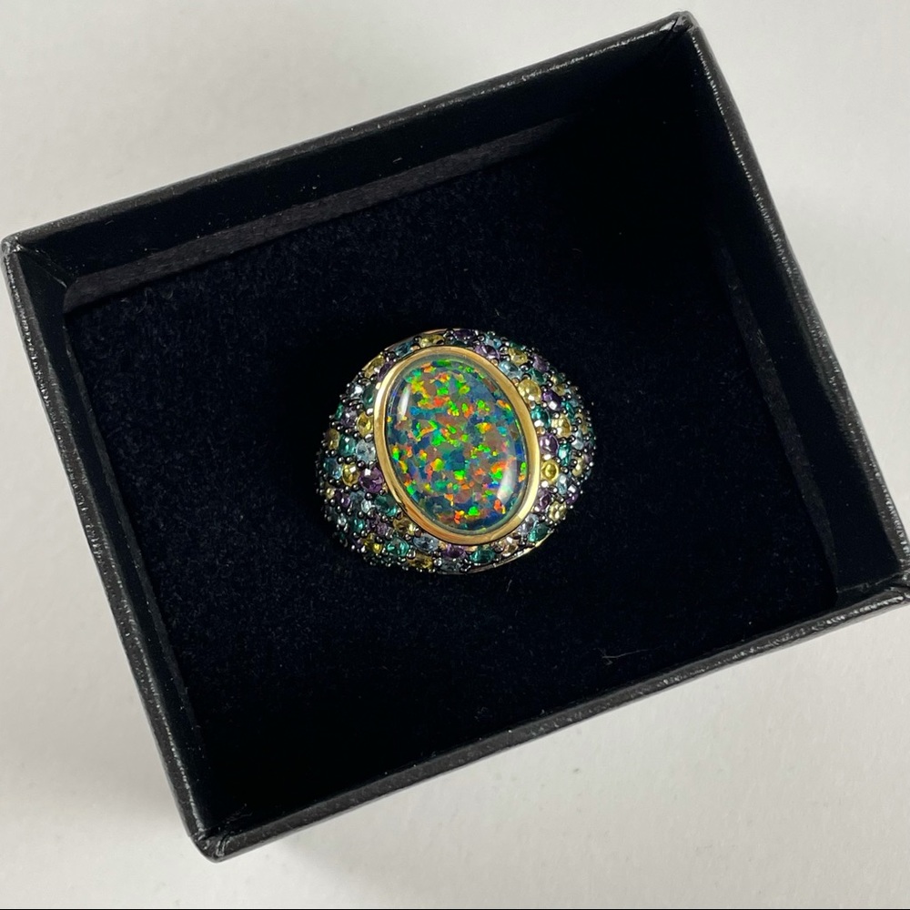 Gold vermeil Sterling Lab created Black opal & Multi Gem Ring